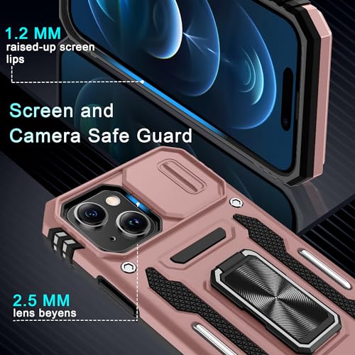 DEERLAMN Case for iPhone 15 with Slide Camera Cover + Screen Protector (2 Packs), Rotated Ring Kickstand Military Grade Shockproof Protective Cover-Rose Gold - color: Rose Gold