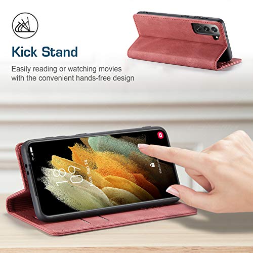 Samsung Galaxy S21 FE 5G Wallet Case with Card Holder RFID Blocking Kickstand Magnetic,Leather Flip Case Wallet for Samsung Galaxy S21 FE 5G 6.4 Inch (Wine Red) - color: Wine Red, size: S21 FE 6.4"