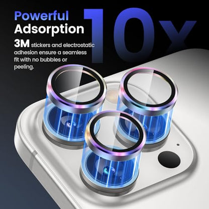 Tensa iPhone 15 Pro/Pro Max Camera Lens Protector, 9H Tempered Glass Screen Cover, Metal Ring for 6.1/6.7 inch iPhone 2023 - color: Colorful