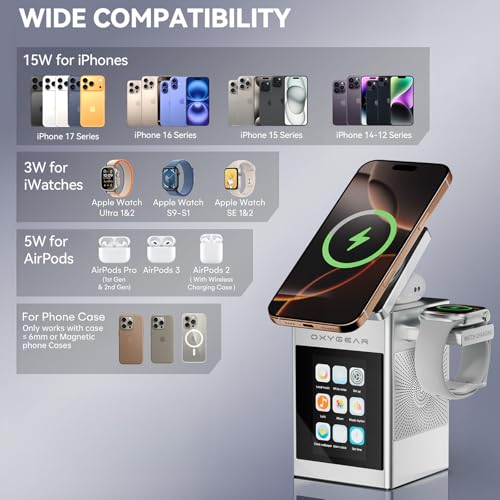 7-in-1 Magnetic Wireless Charging Station with Bluetooth Speaker & 2.4" Touchscreen, 15W Fast Charging Dock for iPhone 18-12 Series, iWatch & AirPods, Alarm Clock, White Noise for Desk, 20W Adapter - color: Silver-S5