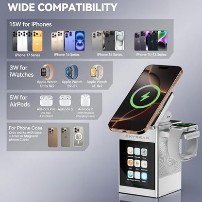 7-in-1 Magnetic Wireless Charging Station with Bluetooth Speaker & 2.4" Touchscreen, 15W Fast Charging Dock for iPhone 18-12 Series, iWatch & AirPods, Alarm Clock, White Noise for Desk, 20W Adapter - color: Silver-S5