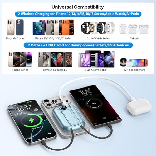 for MagSafe Portable Charger, 10000mAh Power Bank with Built-in 2 Cables - color: blue