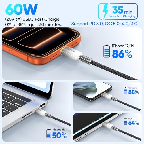 15FT USB A to USB C Cable 5-Pack, 60W 480Mbps Data, Nylon Braided - color: Grey, size: 15Feet