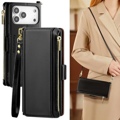 Antsturdy Crossbody Phone Wallet Case for iPhone 17 Pro,Black | RFID Blocking,PU Leather Flip Cover,Kickstand,with Credit Card Holder,Wrist Strap Lanyard & Handbag Purse,for Women & Men - color: (Crossbody)-Black