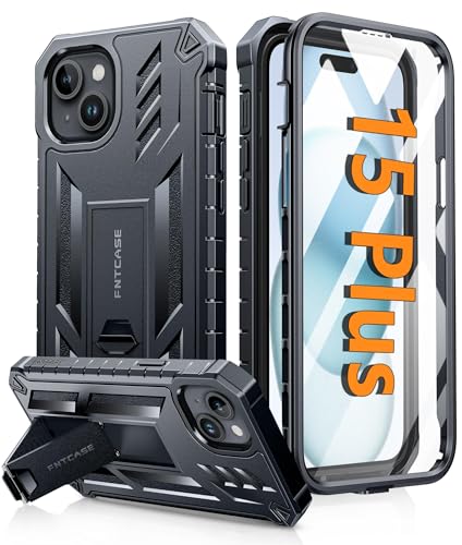 FNTCASE for iPhone 15 Plus Case, Built-in Screen Protector, Kickstand Black | Military-Grade Drop Protection, Anti-Slip Matte Textured, Rugged Heavy Duty Shockproof TPU Protective Cover - color: Black