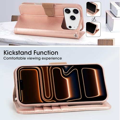 Arae Compatible with iPhone 17 Pro Max Case Wallet with Card Holder, Wristlet Strap Wallet Flip Cover for iPhone 17 Pro Max 6.9 inch Men/Women, RFID Blocking, Kickstand, Rose Gold - color: Rose Gold, size: iPhone 17 Pro Max 6.9 inch