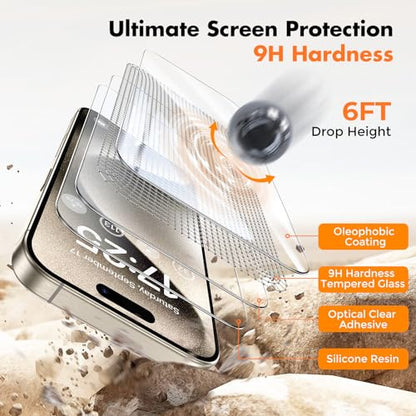UNBREAKcable 3-Pack Screen Protector for iPhone 15 Pro Tempered Glass | Shatterproof, Easy Install, 9H Hardness, 99.99% HD Clear, Bubble-Free, Anti-Fingerprint, Scratch Resistant, Case Friendly - size: iPhone 15 Pro