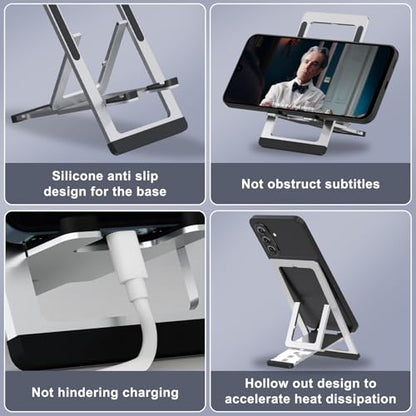 Cell Phone Stand,Aluminum Foldable Phone Holder for Desk,Adjustable Phone Kickstands Travel Essentials for iPhone 17 16 15 14 13 12 11 Pro Max Plus Samsung S25 S24 S23 Ultra Plus-Silver