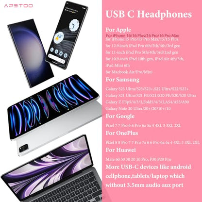 APETOO USB C Headphones for iPhone 18 Pro Max 17 16 15/iPad Air Earbuds - color: Pink