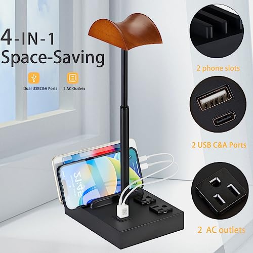 CASTLELIFE Headphone Stand Desktop Gaming Headset Holder with 2 AC Outlets and USB C&A Ports, Charging Station&Phone Stands, Wood Earphone Table Game Accessories for Desktop Gamer, Black