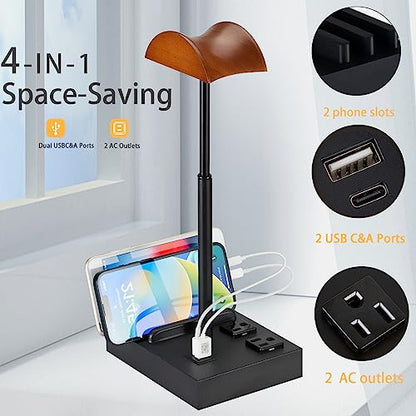 CASTLELIFE Headphone Stand Desktop Gaming Headset Holder with 2 AC Outlets and USB C&A Ports, Charging Station&Phone Stands, Wood Earphone Table Game Accessories for Desktop Gamer, Black