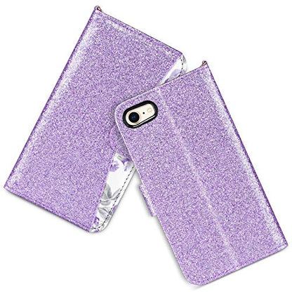 ULAK for iPhone SE 3(2022)/SE(2020)/8/7 Wallet Case Card Holder, Purple | Premium Floral PU Leather Flip Case with Kickstand Card Slots,RFID Blocking,Wrist Strap, Durable Shockproof Cover 4.7 Inch - color: Bling Purple