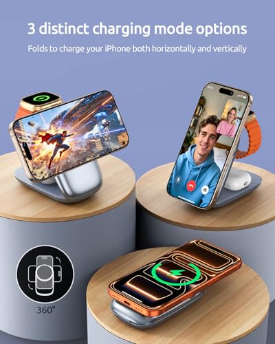 3-in-1 Wireless Charging Station for MagSafe,Foldable Magnetic Stand for iPhone 17/Air/16/15/14/13/12 Series, Apple Watch/AirPods,15W Fast Wireless Charger for Home/Office/Travel