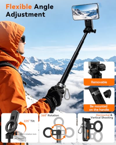 CloudValley Magnetic Mini Selfie Stick Tripod, 4-in-1 Pocket Size Phone Tripod with 360° Rotation, Choice Rechargeable Bluetooth Remote, Foldable Handle Grip, Compatible with MagSafe iPhone - style: No Light
