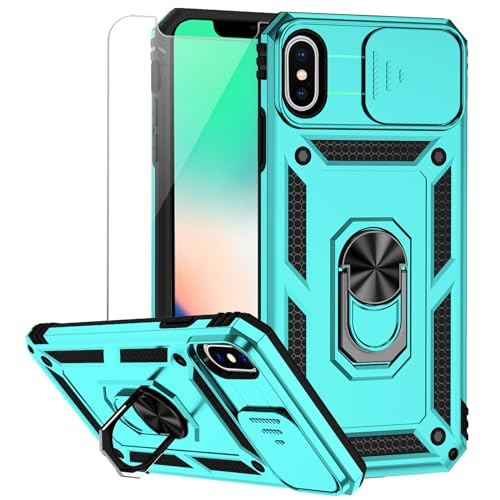 for iPhone XS Max Case with Camera Lens Cover HD Screen Protector, Dual Layer Military Grade Drop Protection Magnetic Ring Holder Kickstand Protective Phone Case for iPhone XS Max 6.5 inch (Mint) - color: Mint with camera cover Military-Grade 2nd gen