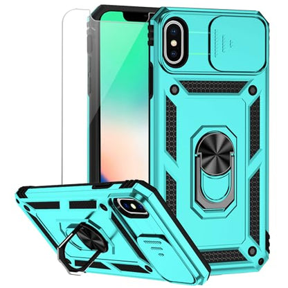 for iPhone XS Max Case with Camera Lens Cover HD Screen Protector, Dual Layer Military Grade Drop Protection Magnetic Ring Holder Kickstand Protective Phone Case for iPhone XS Max 6.5 inch (Mint) - color: Mint with camera cover Military-Grade 2nd gen