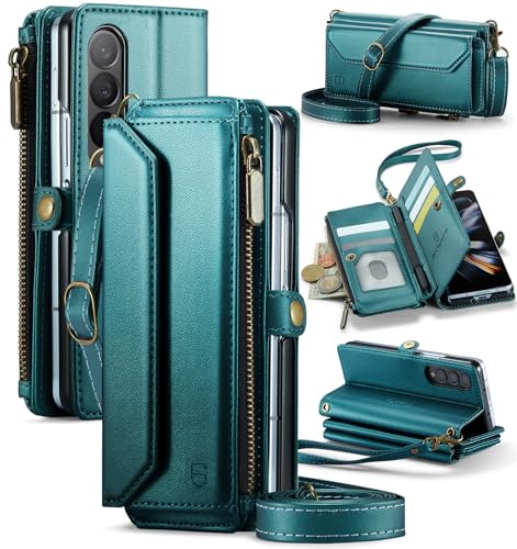 Strapurs Crossbody Wallet Case Compatible with Samsung Galaxy Z Fold 4 with RFID Blocking Card Holder & Pen Holder Slot Soft PU Leather Shoulder Strap Zipper Pocket Purse Fold 4 Phone Case, Blue Green | RFID Blocking 5-Card Holder, Shoulder Lanyard, Wirst
