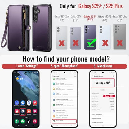 Defencase for Galaxy S25 Plus Case Wallet Compatible with Magsafe, Purple | Magnetic Detachable, RFID Bolcking Card Holder, Zipper Strap, PU Leather Drop-Proof Phone Cover for Samsung Galaxy S25+/Plus - color: (Detachable with Magsafe)-Purple