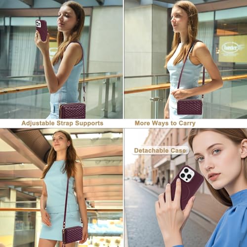 Harryshell Compatible with iPhone 16 Pro Case Wallet Multi Zipper Detachable Removable Cover with RFID Blocking Card Slots Holder Mirror Crossbody Strap (Compatible with Magsafe-Quilted Burgundy) - color: Compatible with Magsafe - Quilted Burgundy, size: