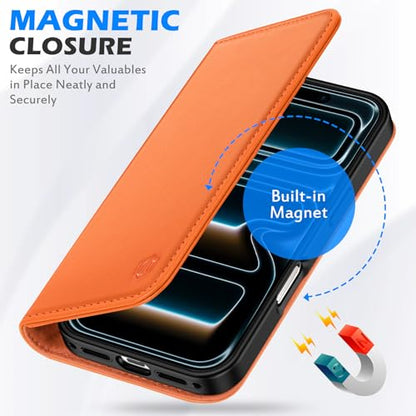 SHIELDON Genuine Leather Case Wallet for iPhone 17 Pro 6.3" 2025, Orange | Magnetic Closure, RFID Blocking, Credit Card Slot, Kickstand, Flip Book Design, Soft Shockproof Phone Cover - color: Orange