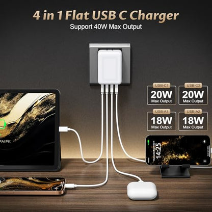 40W Flat USB C Wall Charger 4Port Foldable Slim Fast Charging Block - color: White | 1-Pack | 4-Port