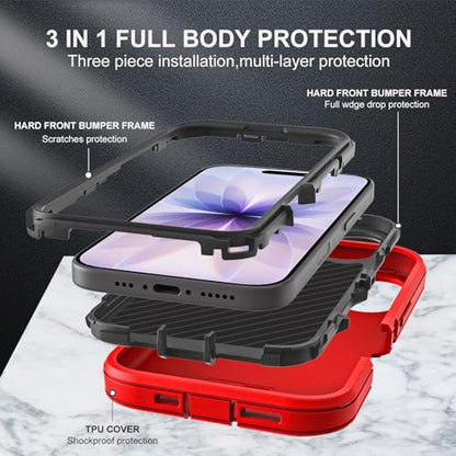 YKHJKLEC for iPhone 17 Case, Military Grade 3 in 1 Heavy Duty Shockproof/Drop Proof/Dust Proof Case with 2Pcs Tempered Glass Screen Protector (Red/Black) - color: Red/Black