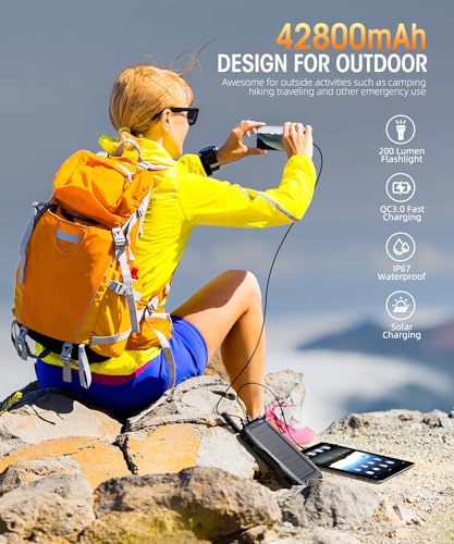 Mregb Solar Charger Power Bank 42800mAh, Portable Charger, Solar Power Bank,External Battery Pack 5V3.1A Qc 3.0 Fast Charger Built-in Super Bright Flashlight (Black) - color: Black
