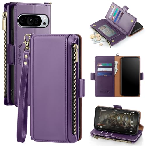 Antsturdy Compatible with Google Pixel 9 5G Wallet Case with Card Holder Women Men,Pixel 9 Pro Phone Case PU Leather Flip Protective Cover Wrist Strap Zipper Credit Card Slots RFID Blocking,Purple - color: Purple