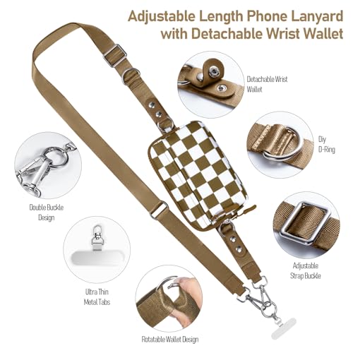 Tiostep Clip and Go Strap for Phone with Wallet Crossbody Phone Lanyard Adjustable and Detachable RFID Wristlet Wallet (Camel Checkered, Medium) - color: Camel Checkered, size: Medium