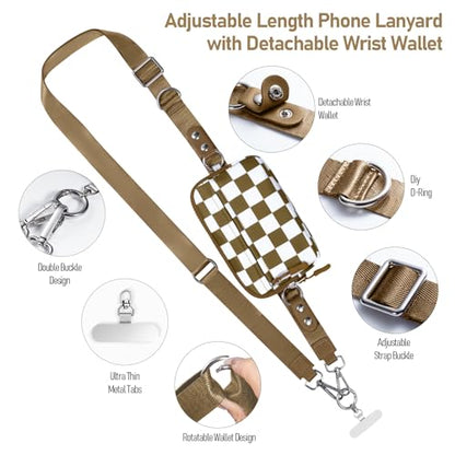 Tiostep Clip and Go Strap for Phone with Wallet Crossbody Phone Lanyard Adjustable and Detachable RFID Wristlet Wallet (Camel Checkered, Medium) - color: Camel Checkered, size: Medium