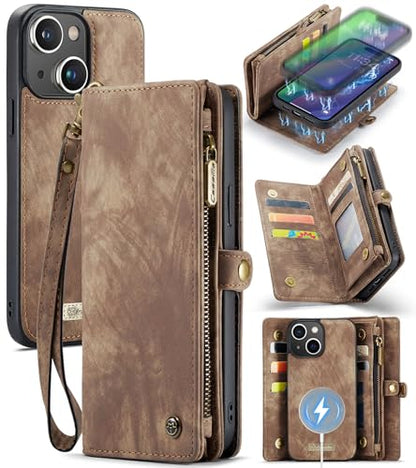 Compatible with iPhone 15 Plus Wallet Case with Magsafe,Coffee | Magnetic Detachable Case,Card Holder,Zipper Pocket,Strap Wristlet, Soft Leather Drop-Proof Phone Case for iPhone 15 Plus 6.7" - color: Coffee, size: iPhone 15 Plus 6.7"