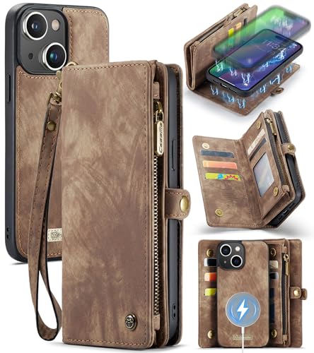 Compatible with iPhone 15 Wallet Case with Magsafe,Coffee | Magnetic Detachable Case,Card Holder,Zipper Pocket,Strap Wristlet, Soft Leather Drop-Proof Phone Case for iPhone 15 - color: Coffee, size: iPhone 15 6.1"