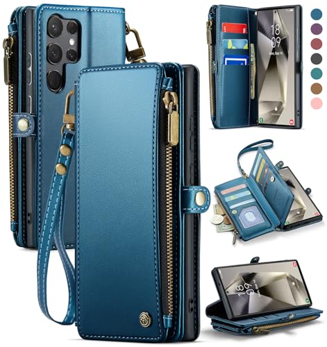 Defencase for Samsung Galaxy S23 Ultra Wallet Case with Card Holder, Blue | Durable PU Leather, with RFID Blocking Zipper Pocket, Wrist Strap, S23 Ultra Flip Phone Cases Cover with Stand for Women Men - color: Fashion Blue