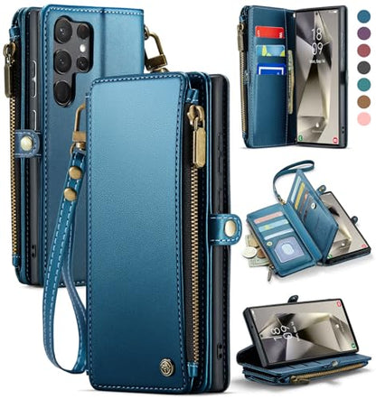 Defencase for Samsung Galaxy S23 Ultra Wallet Case with Card Holder, Blue | Durable PU Leather, with RFID Blocking Zipper Pocket, Wrist Strap, S23 Ultra Flip Phone Cases Cover with Stand for Women Men - color: Fashion Blue