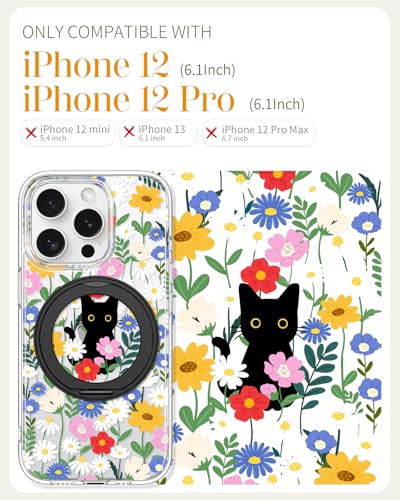 Loheckle for iPhone 12/12 Pro Case with Stand- Compatible with MagSafe Women Girls Cute Clear Girly Unique Design Soft TPU Magnetic Ring Phone Cover for Apple 12/12 Pro, Cat Flower