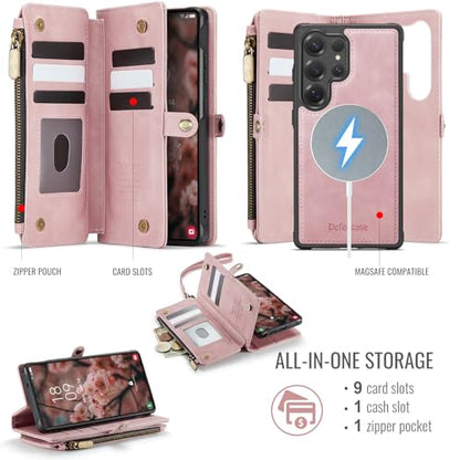Defencase for Galaxy S24 Ultra Case Wallet Compatible with Magsafe, Pink | Magnetic Detachable, RFID Bolcking Card Holder, Zipper Strap, PU Leather Drop-Proof Phone Cover for Samsung Galaxy S24 Ultra - color: (Detachable with Magsafe)-Pink