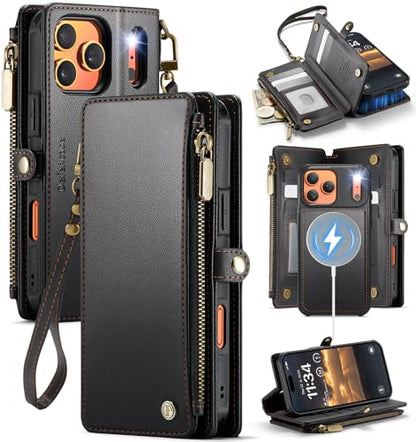 Defencase for iPhone 17 Pro Max Case Wallet Compatible with Magsafe, Black | Drop-Proof Magnetic Detachable Phone Cases Cover, with RFID Bolcking Card Holder, Zipper Strap, PU Leather, Removable Wallet - color: (Detachable with Magsafe)-Black
