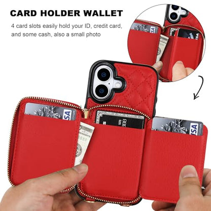 Bocasal Crossbody Wallet Case Card Holder for iPhone 17, Red | RFID Blocking PU Leather Zipper Handbag Purse, Kickstand Flip Folio Case with Card Slots Holder Wrist Strap Lanyard 6.3 Inch - color: Red