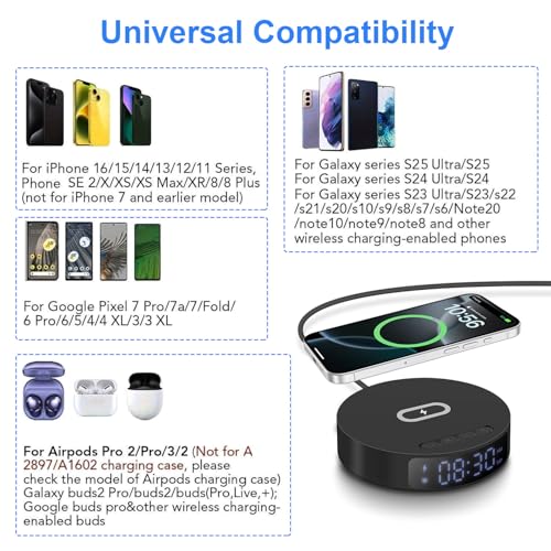 25W Max Fast Wireless Charger with Alarm Clock,Wireless Charging Pad - color: Black pad
