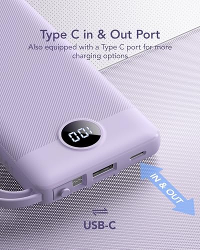 VRURC Portable Charger,4 Built -in Cables Power Bank 10000mAh,Flight-Safe - color: Lavender