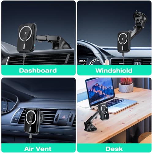 MAGJIEYX for MagSafe Car Mount Charger, (15W Fast Charging) Magnetic Wireless Charging Phone Holder Fits iPhone 16/15/14/13/12 Pro Max Plus/MagSafe Case on Dash/Windshield/Air Vent/Desk Bumpy Roads