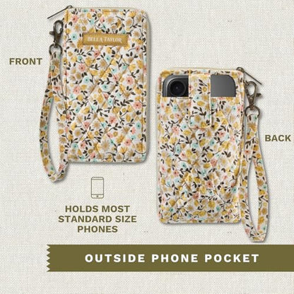 Bella Taylor Cell Phone Wristlet, Quilted Phone Wallet for Women | Lightweight, RFID blocking, phone pocket, built-in wallet, card organizer, coin pocket, secure zipper, quality construction - color: Prairie Meadow