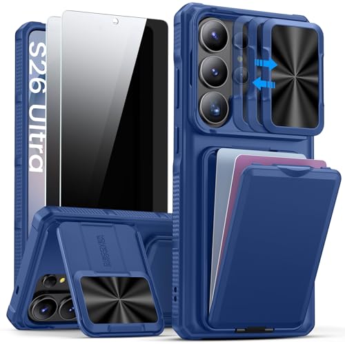 SSLOTSCASE for Samsung Galaxy S26 Ultra Case with 2X Privacy Screen Protector, Military-Grade Shatterproof, Card Holder & Stand & Slide Camera Cover, Multi-Functional Phone Cover for S26 Ultra, Blue - color: Blue-PSP, size: S26 Ultra