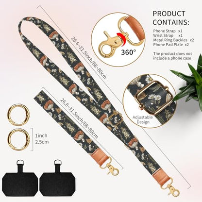 Cell Phone Lanyard Adjustable Crossbody Strap, Cute Phone Neck Wristlet Wrist Strap Patch for Keys Case Accessories - color: Boho Brown Mushroom