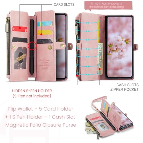 Defencase for Samsung Galaxy Z Fold 6 Wallet Case with Card Holder, Pink | Durable Soft PU Leather, RFID Blcking Zipper Pocket, with S-Pen Holder & Strap, Flip Phone Cases with Stand for Women Men - color: Airy Rose Pink