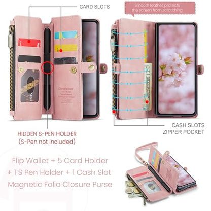 Defencase for Samsung Galaxy Z Fold 6 Wallet Case with Card Holder, Pink | Durable Soft PU Leather, RFID Blcking Zipper Pocket, with S-Pen Holder & Strap, Flip Phone Cases with Stand for Women Men - color: Airy Rose Pink