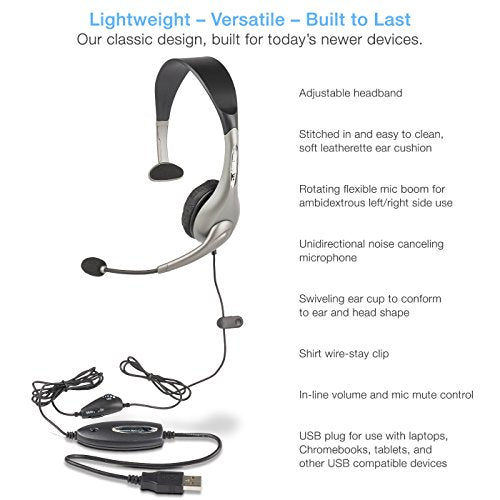 Cyber Acoustics AC-840 Mono USB Headset with Comfortable All-Day Fit