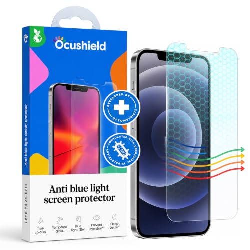 Ocushield Anti Blue Light Tempered Glass Screen Protector of iPhone 12 & iPhone 12 Pro (6.1") – Blocks Blue Light, Prevents Eye Strain & Helps You Sleep Better, 9H Hardness & Case Friendly | Fits 6.1 inch display. 9H tempered glass blocks UV & blue light.