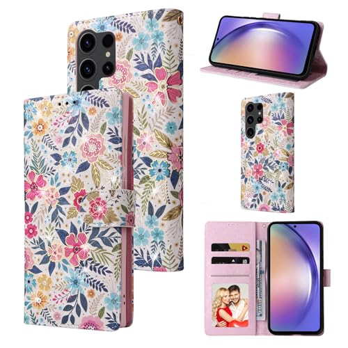 UEEBAI Wallet Case for Samsung Galaxy S23 Ultra 5G, PU Leather Phone Case Kickstand RFID Blocking Flip Case with Card Slots Wrist Strap Relief Engraved Magnetic Closure Folio Case - Multi-Flower - color: Multi-Flower, size: Samsung Galaxy S23 Ultra 5G