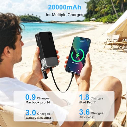 NOBIS Portable Charger 20000mAh 65W Power Bank w/Detachable Cable - color: Black